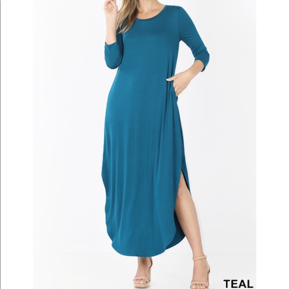 TEAL BLUE 3/4 sleeve maxi dress with pockets M L XL - Picture 2 of 7